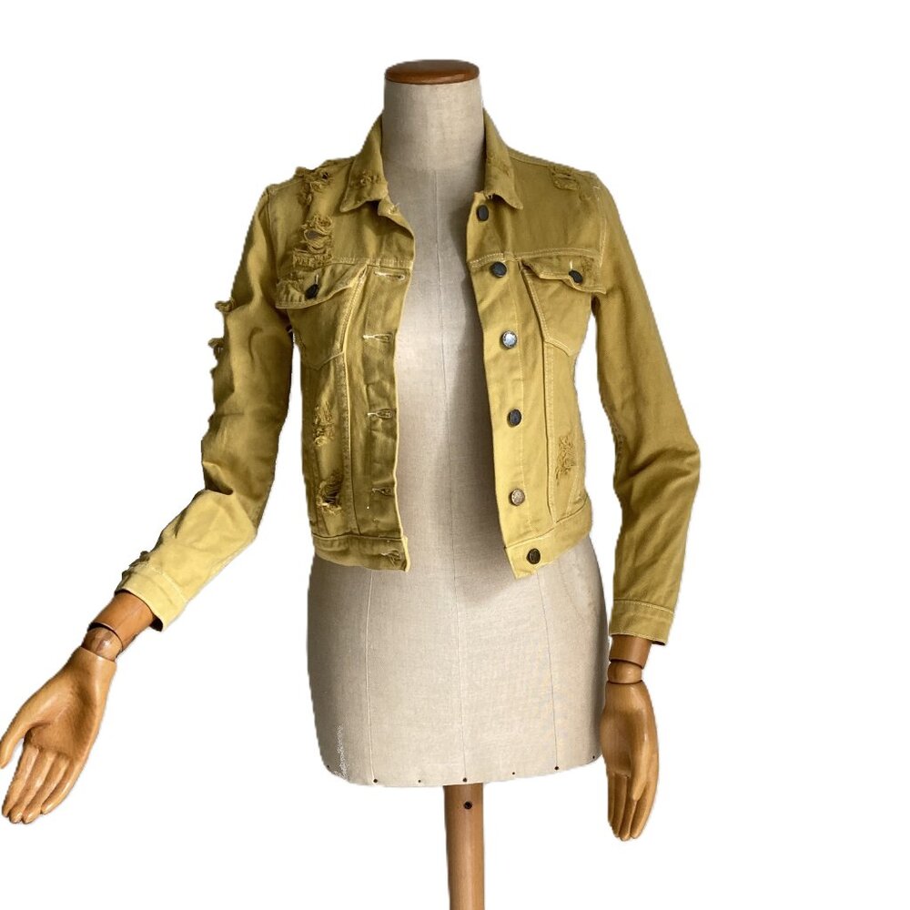 Carmar Mustard Yellow Distressed Denim Jeans Jacket, Size Small